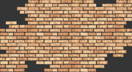 Vector realistic broken brown brick wall on black background. Holes in flat wall texture. Dark textured destroyed brickwork for web design, banner, background, wallpaper.