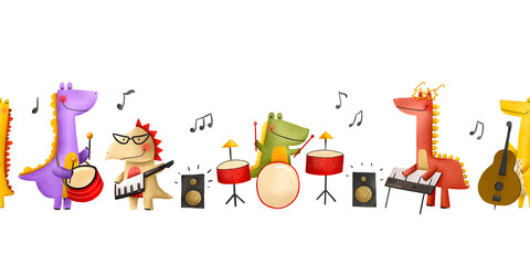 Seamless borden pattern with musicians. Rock star dinosaurs perform in an orchestra. Musical concert. Endless hand drawn background illustration. Ideal for textile print design