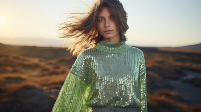 young woman in a shiny sweater with feathers and a long skirt against the background of the tundra, morning light, Icelandic landscape, nature, mountains, hills, portrait, fashion, model, dress, girl