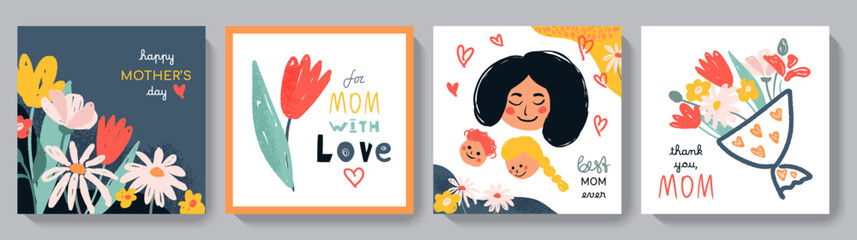 Happy Mother's Day greeting card set. Cute spring backgrounds with flowers, leaves, plants. Colorful hand drawn vector illustrations for social media post, banner design, postcards