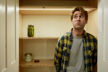 man looking puzzled in front of an empty pantry with a single jar of pickles