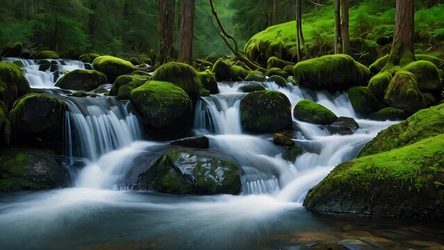 Forest Waterfall Flowing Through Green Landscape