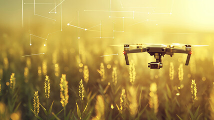 Modern agriculture, grass on field, drone and colza, illustration, background