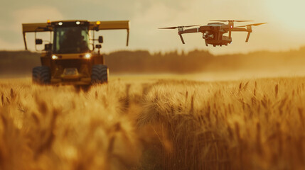 Modern agriculture, grass on field, drone and harvester, illustration, background