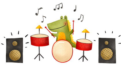 Cute illustration with a dinosaur. A dinosaur plays drums near the speakers. Rock musician. Hand drawn children's illustration on isolated background © Ilona