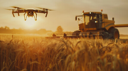 Modern agriculture, grass on field, drone and harvester, illustration, background