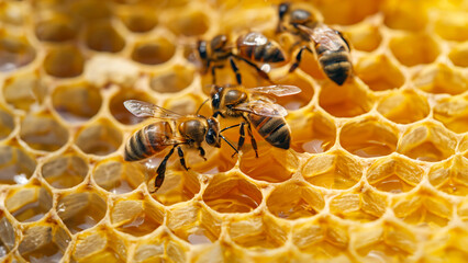 Busy bees on honeycomb, pollinators at work, sustainable agriculture.