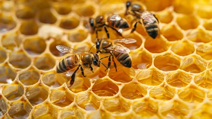 Fotobehang Busy bees on honeycomb, pollinators at work, sustainable agriculture. © Imaging L