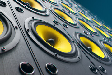 Vibrant Yellow Cones on Wall of Modern Speakers - A Symphony of Sound