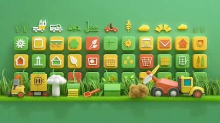 Modern agriculture, icons with information, green culture, green deal, illustration, background