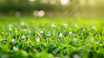 Modern agriculture, grass on field, and icons with information, illustration, background