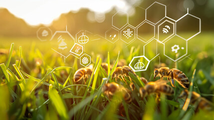 Modern agriculture, grass on field, and icons with information, bees and honeycomb, illustration, background