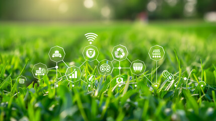 Modern agriculture, grass on field, and icons with information, illustration, background