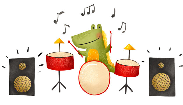 Cute illustration with a dinosaur. A dinosaur plays drums near the speakers. Rock musician. Hand drawn children's illustration on isolated background