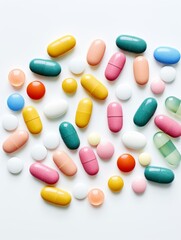 Assorted colorful pills on white background, macro shot, soft focus, isolated background, 3D cartoon, pastel, watercolor tone