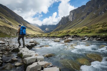 lone trekker crossing a mountain stream on stepping stones