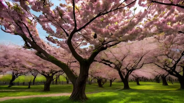 Pink cherry blossom tree in bloom in a spring park landscape