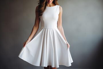 Fototapeta premium Dress mockup. Blank white medium bodycon dress on girl, front view. Summer sundress template, women's clothing for design, advertising.