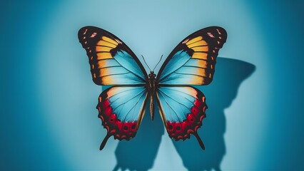 Obraz premium Blue colorful butterfly on white background in studio lighting