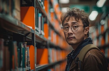 A man wearing glasses stands in a library with bookshelves behind him