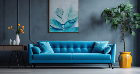 A living room with a blue couch and flowers on the wall. 