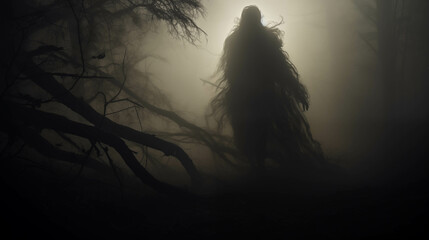 A mysterious shadow in the dense fog near a small village on the outskirts of the city. - obrazy, fototapety, plakaty