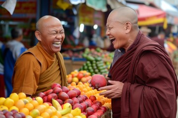 monk laughing with a market vendor over fruits