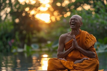 monk in meditation pose breaks into laughter in serene setting