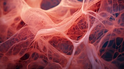 Intricate web of capillaries surrounding human muscles, soft red glow, macro realism
