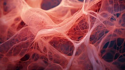 Foto op Canvas Intricate web of capillaries surrounding human muscles, soft red glow, macro realism © Holly