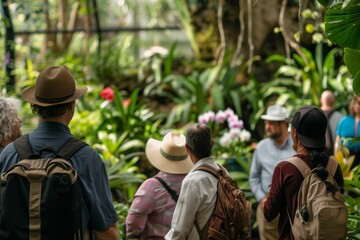 tour group listening to guide near orchids