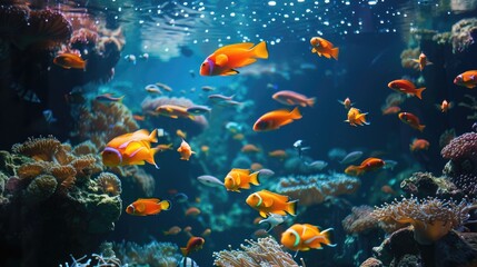 Fish over a coral reef in the sea.