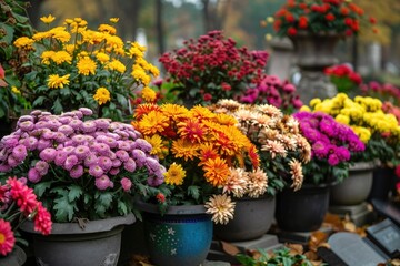 Fototapeta na wymiar Chrysanthemums in pots. Bouquets for graves.