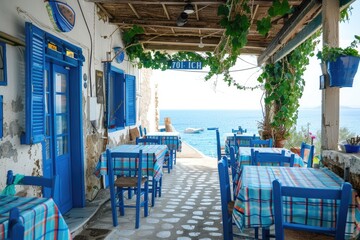Greek culture with traditional white and blue greek architecture, taverna