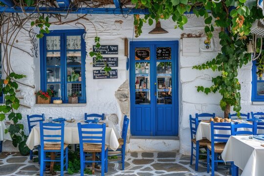 Greek culture with traditional white and blue greek architecture, taverna