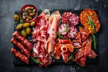 Cured meat platter of traditional tapas. Snacks food with ham, prosciutto, salami, chorizo sausage. - obrazy, fototapety, plakaty