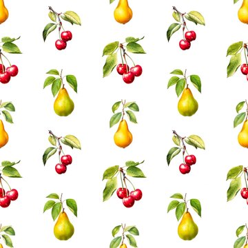 Watercolor seamless pattern with pears and cherries on white background.