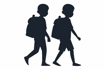 Black silhouette two kids with school bag go to school illustration vector 