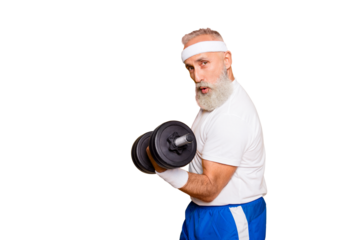 Cool playful flirty naughty strong grandpa with confident grimace exercising holding equipment up, lifts it with strength and power. Body care, fitness, body building, hobby, weight loss lifestyle