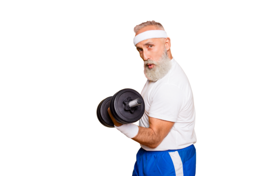 Cool playful flirty naughty strong grandpa with confident grimace exercising holding equipment up, lifts it with strength and power. Body care, fitness, body building, hobby, weight loss lifestyle