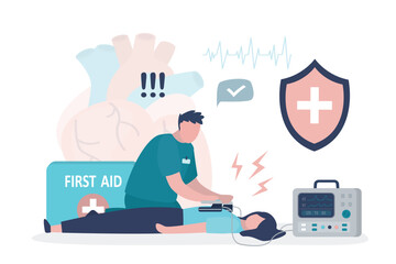 Male paramedic use defibrillator for cardiac arrest of woman patient suffer from heart attack. Doctor first aid resuscitation. Lifesaving, ambulance, emergency service. - obrazy, fototapety, plakaty