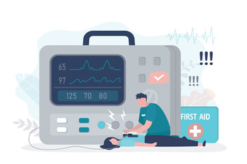 Giant defibrillator, male paramedic help via cardiac arrest of woman patient suffer from heart attack. Doctor first aid resuscitation. Lifesaving, ambulance, - obrazy, fototapety, plakaty
