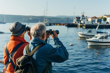 senior pair on a pier watching boats with binoculars - Powered by Adobe
