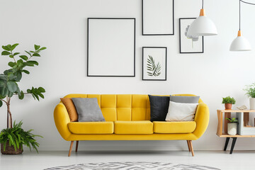 Vibrant Mid-Century Modern Living Space with Bold Yellow Sofa and Minimalist Decor. Bright and Airy Contemporary Room Featuring Mustard Yellow Couch and Simple Wall Frames