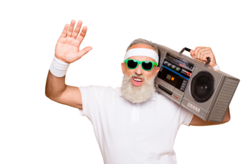Yeah bro! What`s up? Cheerful excited aged funny sexy gangster cool grandpa dude in eyewear with bass clipping ghetto blaster recorder. Old school, swag, fooling, gym, technology, success, hip hop