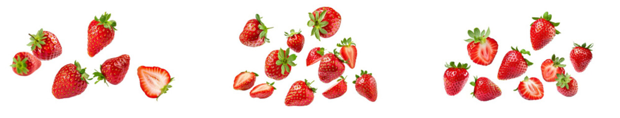 Set of Falling strawberries isolated on white background 