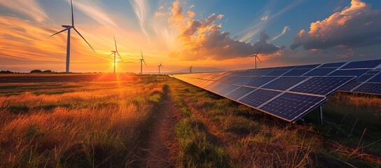 Photo of wind turbines and solar panels in an open field, representing renewable energy sources. Web banner with copyspace on the right