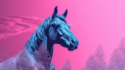 Fantasy vaporwave portrait of retrowave horse. Pink and blue colors.