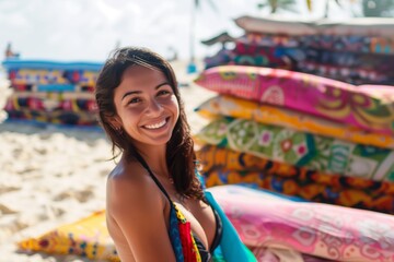 smiling woman in swimwear selling colorful sarongs on the beach - obrazy, fototapety, plakaty
