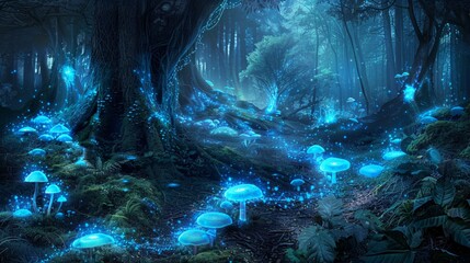 Dense Forest With Blue Glowing Mushrooms